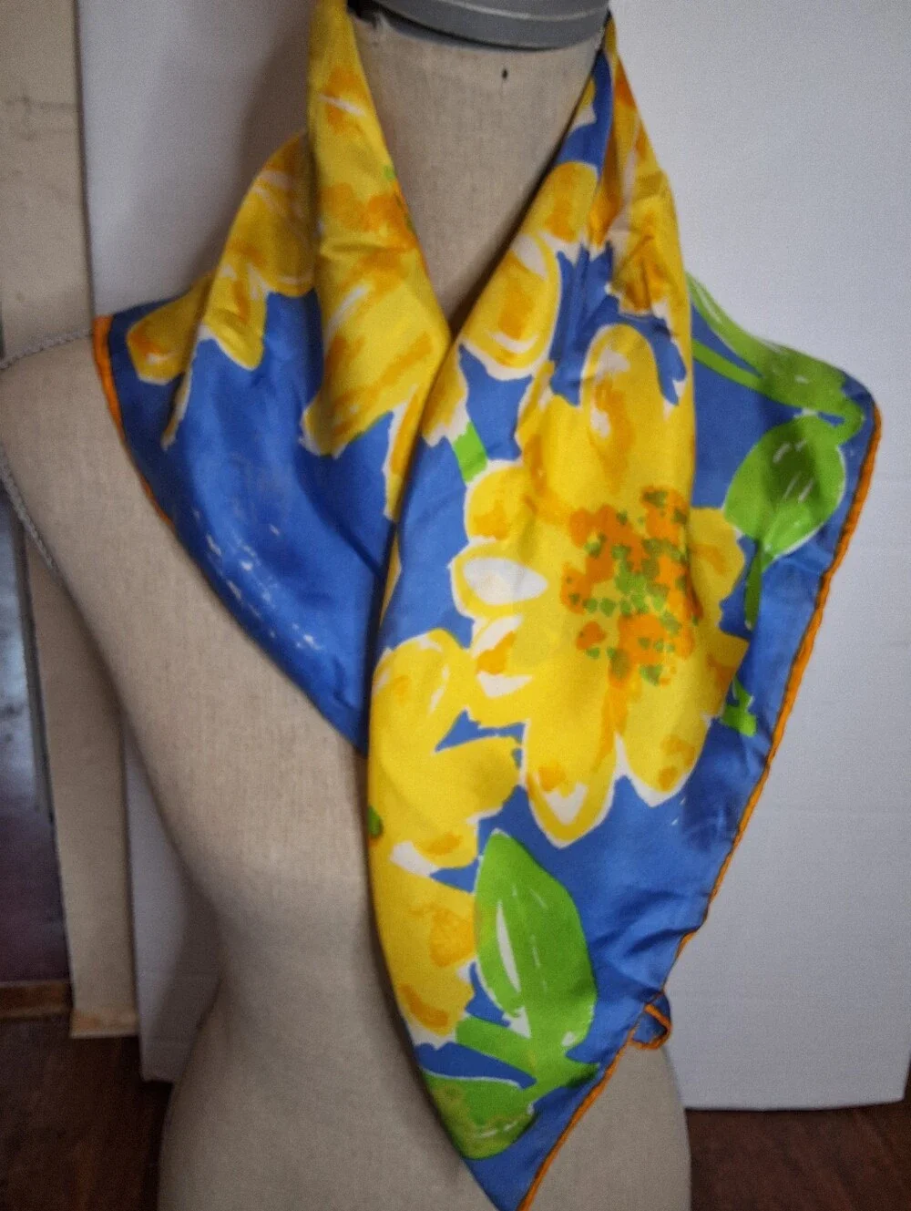 Vera Neumann Silk Scarf Blue Yellow Floral Sun Print Vintage Signed Square Scarf